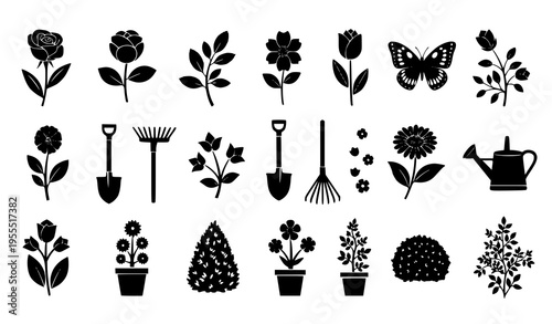 Gardening and Floral Icon Set Featuring Flowers, Plants, Tools, Butterflies, Seeds, and Potted Botanicals for Garden Care, Spring Design, and Nature Illustration