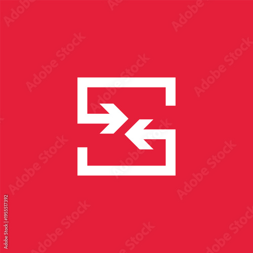 Abstract geometric logo with opposing arrows inside a square frame on red background