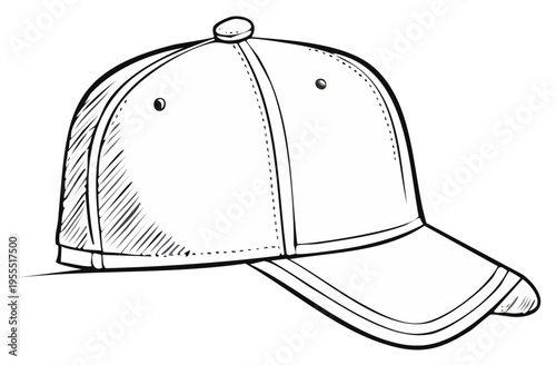 Sketch of a plain baseball cap design with button detail and hatched shading for fashion apparel design