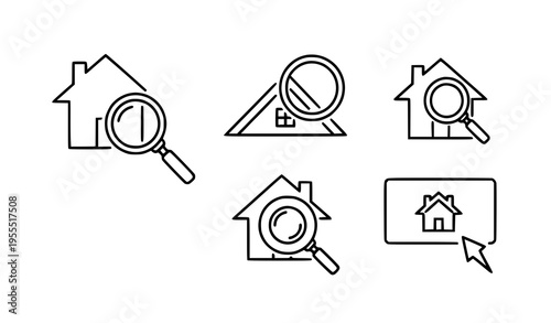 Real Estate Search Line Icon Set Featuring House with Magnifying Glass, Property Finder, Home Inspection, and Online Housing Selection for Website and App Interface Design