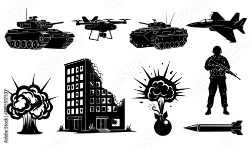 War and Destruction Icon Set Featuring Tank, Drone, Fighter Jet, Soldier, Explosion, Bomb, Missile, and Damaged Building Symbols for Military, Combat, and Crisis Design