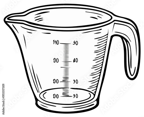 Sketch illustration of clear measuring cup with handle and scale indicators