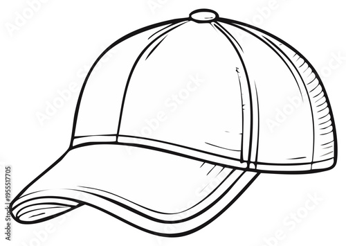 Hand-drawn line art illustration of a classic baseball cap with a curved brim and simple design