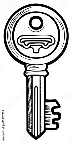 Stylized Key Illustration Antique Lock Security Opening Entrance Graphic Element Black and White Outline Symbol