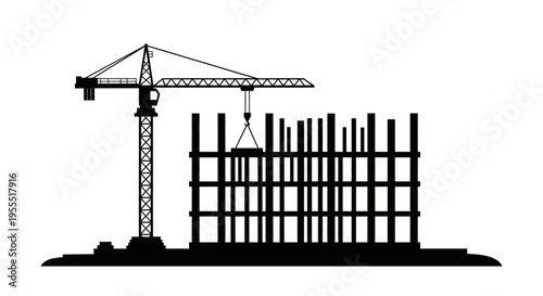 Construction Site Silhouette with Tower Crane and Building Frame Isolated on White