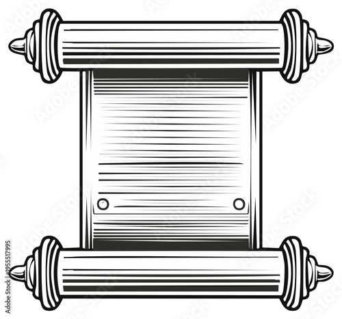 Antique scroll with ornate rollers and lined paper for text or artwork