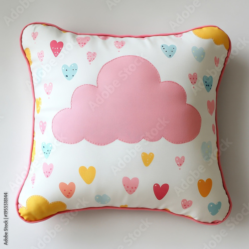 Cute pillow cloud heart pastel pink yellow blue nursery bedroom decoration Cute pillow with pink cloud and colorful heart pattern white fabric, pastel nursery cushion adding playful charm