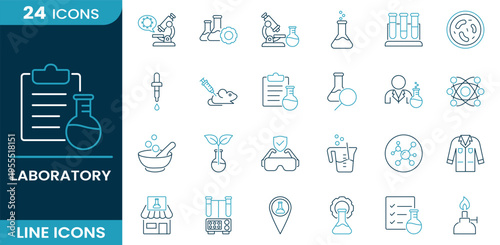 Laboratory icon set. Scientific research, chemistry experiment, lab equipment, medical testing, analysis process, biotechnology, innovation science, research development and more. Line vector icons