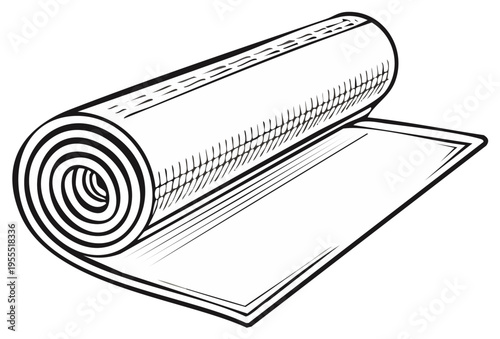 Rolled-up exercise mat illustration, black and white outline, yoga and fitness concept