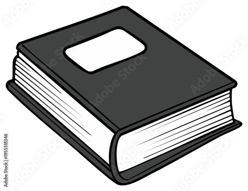 Simple black and white line art illustration of a closed hardcover book with a blank label