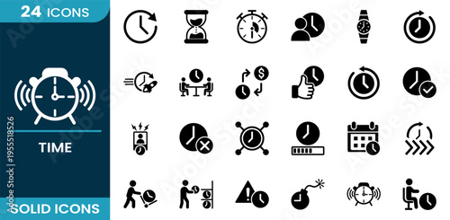 Time icon set. Clock management, deadline reminder, schedule planning, time tracking, productivity control, alarm system, workflow efficiency, business timing and more. Solid vector icons