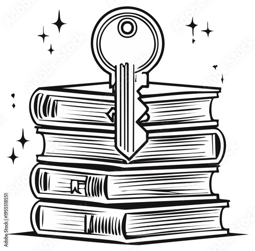 Key to Knowledge Illustration Books Stack with Key Above for Education and Learning Concepts Open Door of Opportunity Black and White Outlined