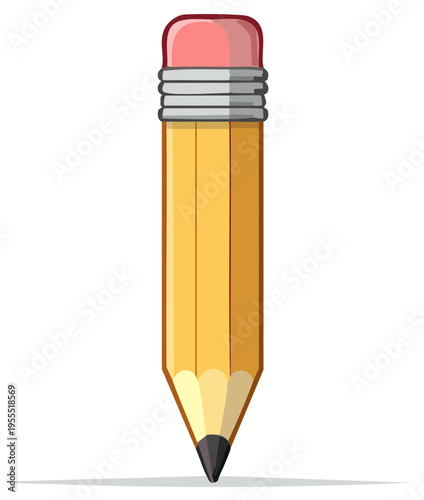 Cartoon illustration of a classic yellow pencil with pink eraser for school and office supplies