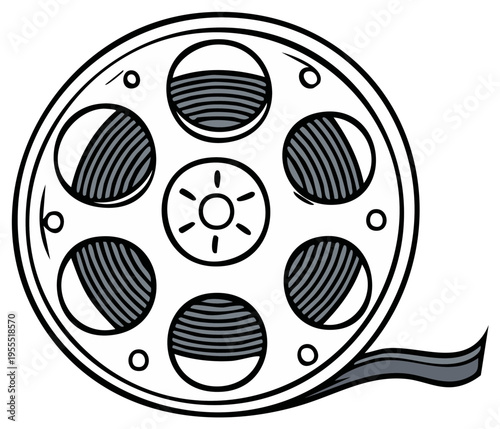 Vintage Film Reel with Strip of Film Unwinding Cinematic Retro Media Entertainment