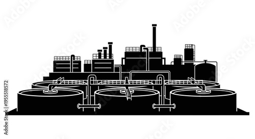 Industrial Wastewater Treatment Plant and Factory Silhouette Vector Illustration