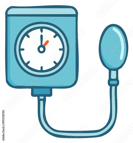 Cartoon-Style Sphygmomanometer with Analog Gauge and Inflation Bulb for Measuring Blood Pressure