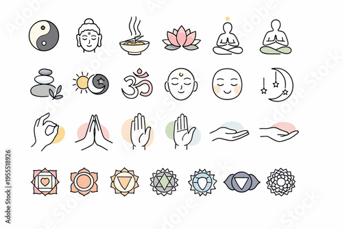 Mindfulness & Spirituality Icon Set – Yoga, Meditation, Chakra Symbols and Zen Elements