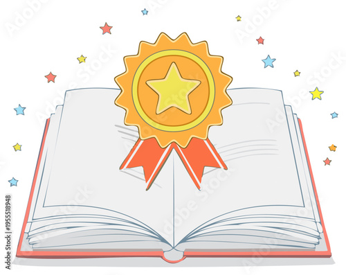 Open book with a gold medal and stars representing educational achievement and success