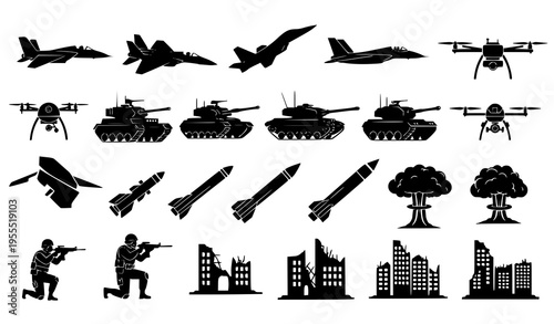 Military and War Icon Set Featuring Fighter Jets, Tanks, Missiles, Drones, Soldiers, Explosions, and City Destruction Symbols for Defense, Combat, and Strategy Design