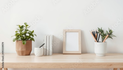 Minimalist desk vignette with decorative elements and blank frame perfect for business presentations, office decor, or creative workspaces