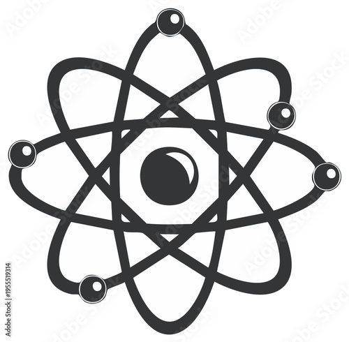 Stylized atomic model with nucleus and orbiting electrons illustrating scientific research and physics concepts