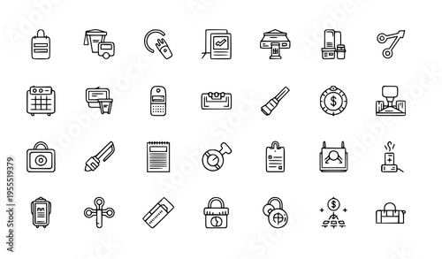 Business and Office Line Icon Set with Tools, Communication, Security, and Workflow Symbols, Minimal Outline Vector Collection for Productivity, Management, and Corporate Design
