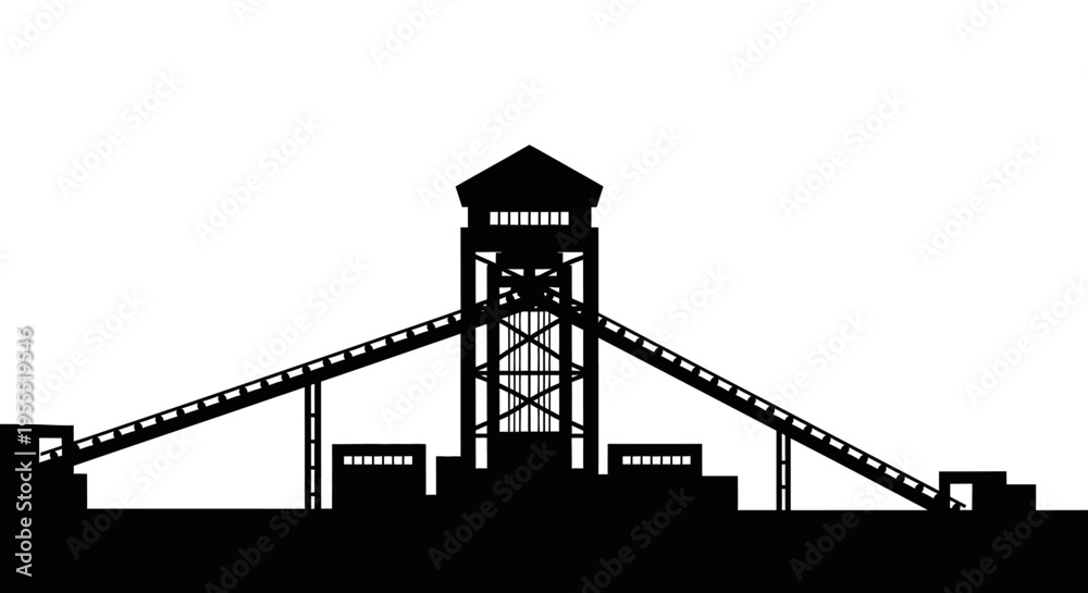 Fototapeta premium Coal Mine Shaft Headframe and Conveyor Belt Industrial Silhouette Isolated on White