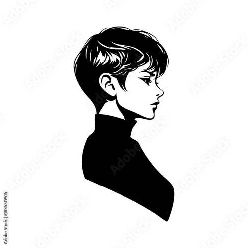 Logotipo ropa de invierno. Dibujo sencillo de una mujer de perfil con pelo corto y un suéter de cuello alto 