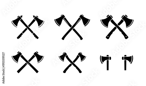 Axe Silhouette Vector Set with Crossed Hatchet Icons, Lumberjack Tools Collection for Woodcutting, Forestry, Camping, and Outdoor Equipment Design