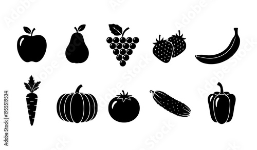 Fruit and Vegetable Silhouette Vector Set with Apple, Pear, Grapes, Banana, Pumpkin, Corn, and Fresh Produce Icons for Healthy Food Design