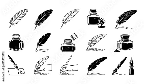 Feather Quill and Ink Vector Set with Vintage Writing Tools, Hand Drawn Calligraphy Pens and Inkwell Collection for Retro Stationery and Classic Design