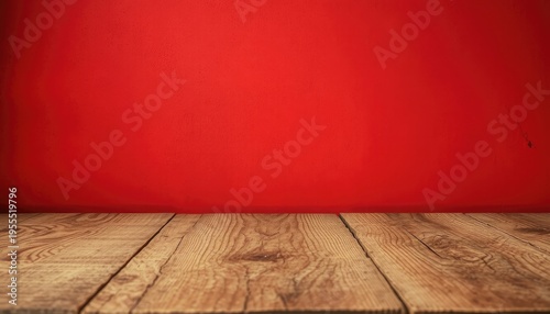 Rustic Wooden Table Surface with Vibrant Red Textured Wall Background for Product Displays, Presentations, and Various Themed Events