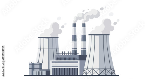 Industrial Power Plant Vector Illustration with Cooling Towers and Smokestacks Emitting Smoke - Flat Style Factory Icon for Environmental and Energy Concepts