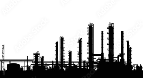 Industrial Refinery and Chemical Plant Silhouette Isolated on White Background - Heavy Infrastructure, Energy Production, and Oil Industry Concept