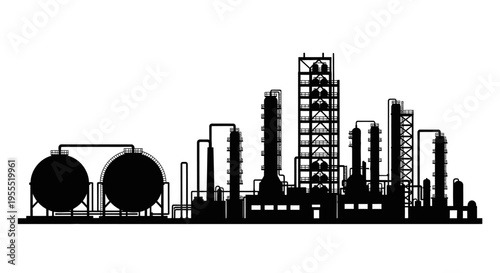 Industrial Plant Silhouette with Storage Tanks and Chimneys for Petroleum and Chemical Manufacturing