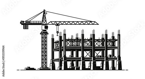 Construction Site Silhouette Vector Illustration with Tower Crane and Building Structure