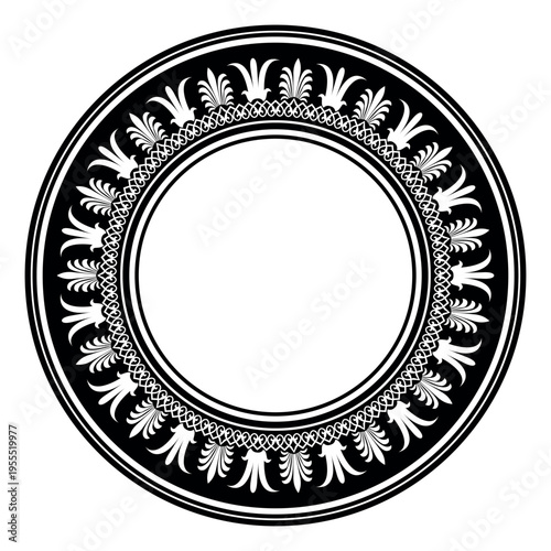
Vector black and white stencil round classic byzantine ornament. Circle, ring, round, border. Ancient Greece, Eastern Roman Empire frame. Decoration of the Russian Orthodox Church. Plate, porcelain, 