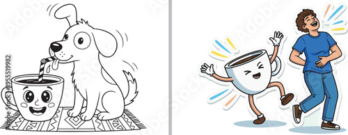 Humorous vector illustration featuring a dog drinking coffee through a straw next to a character cup, and an energetic coffee mug dancing with a joyful man.