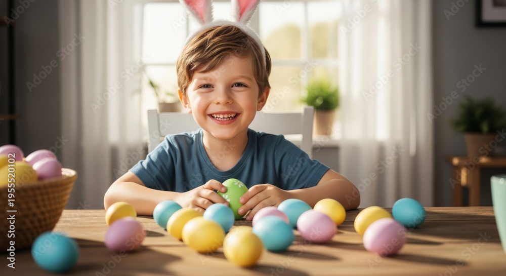 Fototapeta premium Smiling Boy with Easter Eggs and Bunny Ears Indoors