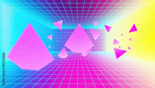 Abstract geometric perspective grid with floating neon pink pyramids for retro futurism presentations
