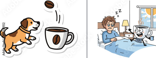 Playful vector of a dog jumping near a coffee cup and a tired man in bed being woken up by an energetic, anthropomorphic coffee character.