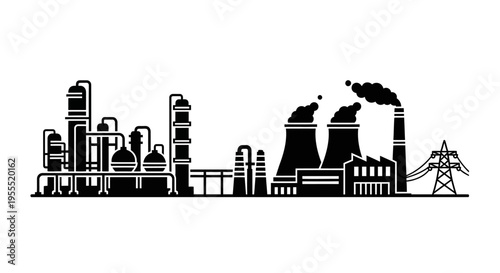 Industrial Factory and Refinery Silhouette Landscape Icon Set, Vector Illustration of Power Plant, Oil Gas Infrastructure, and Manufacturing Facility for Energy and Environment
