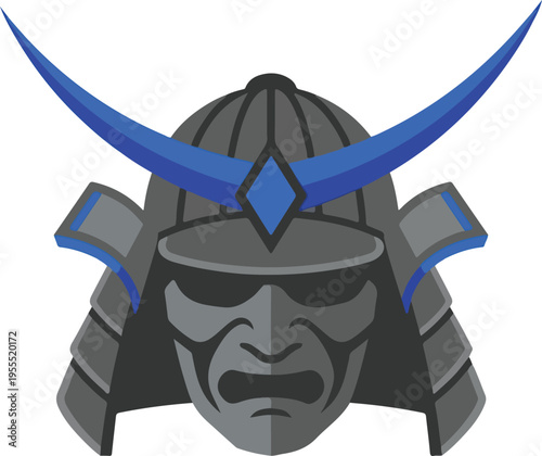 Samurai helmet with blue horns and fierce face mask, japanese warrior icon