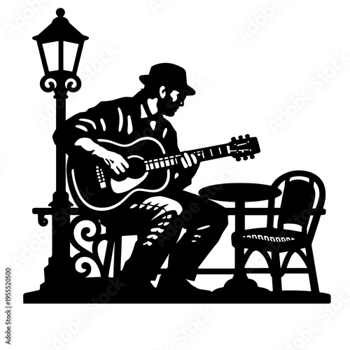 Black and White Minimalist Silhouette of Street Musician Playing Guitar