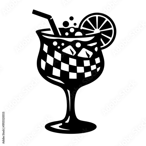 Black and White Minimalist Cocktail Glass Icon with Checkerboard Pattern