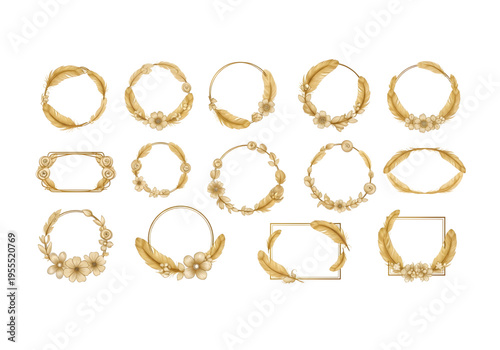 Gold metallic floral feather wreath set png on transparent background