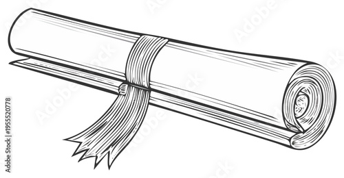 Rolled-up document with ribbon, hand-drawn illustration.
