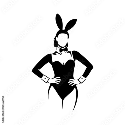 Logotipo modelo sexy de Playboy. Dibujo sencillo de una chica con disfraz de conejita para fiesta de Halloween o Pascua 