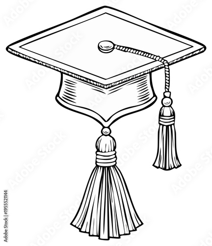 Detailed line art illustration of a classic graduation cap and tassel symbolizing academic success educational achievement