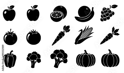 Healthy Food and Vegetable Icon Set with Fruits, Apple, Tomato, Carrot, Pumpkin, Broccoli, and Fresh Organic Produce for Nutrition and Diet Design